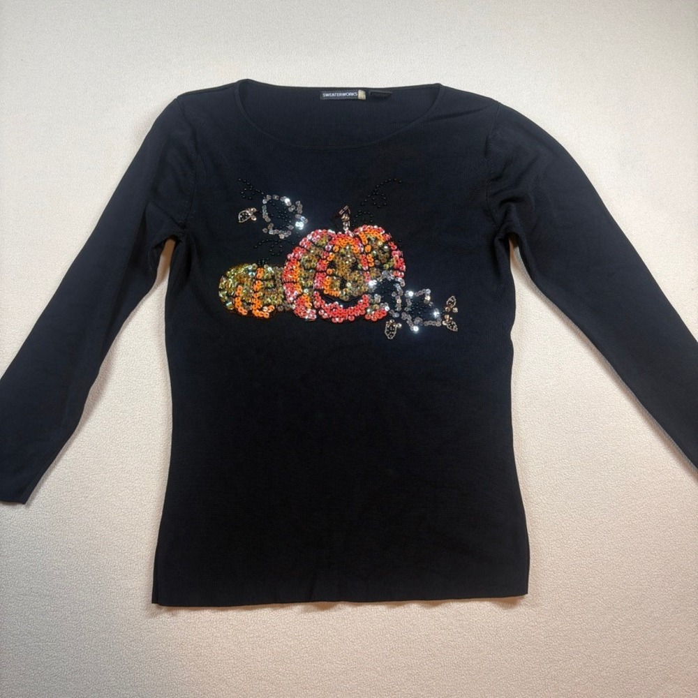 Sweaterworks Womens Black Sequin Pumpkin Halloween Knit Top Small Novelty Party